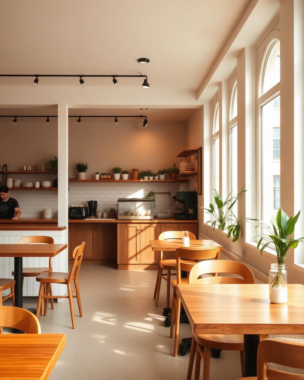 Warm, light-filled interior of Cafe La Flore with wooden tables and plants