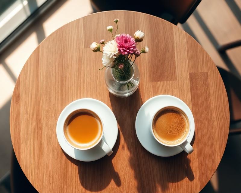 Two coffees on a wooden table with flowers