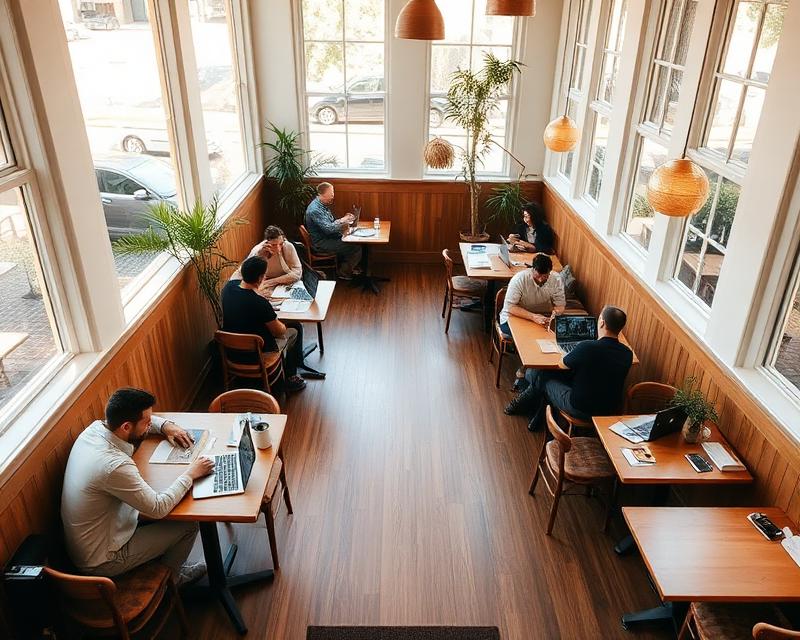 Bright upstairs seating with laptops and plants